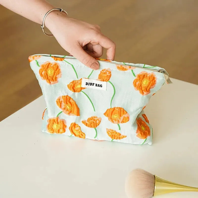 Y2K Aesthetic Orange Floral Makeup Bag - Trendy Summer Accessory for Fashion Lovers