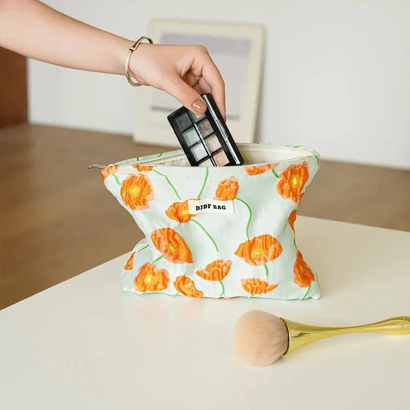 Y2K Aesthetic Orange Floral Makeup Bag - Trendy Summer Accessory for Fashion Lovers