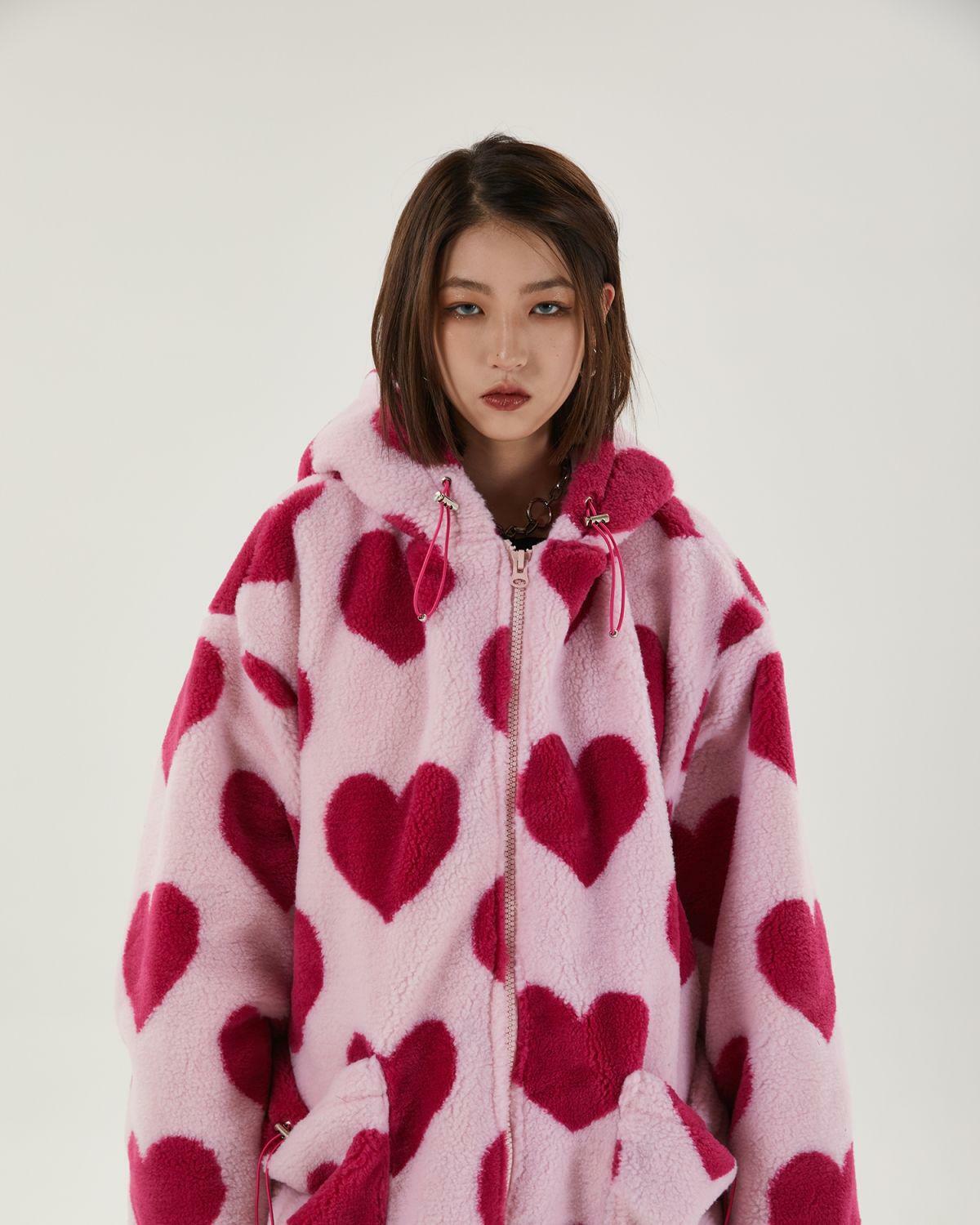 Y2K Aesthetic Pink Heart Pattern Hooded Jacket for Trendy Summer Outfits