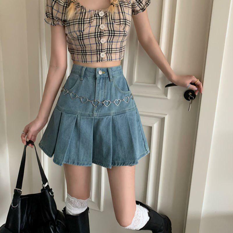 Y2K Aesthetic Pleated Denim Mini Skirt for Trendy Summer Outfits and Cute Looks