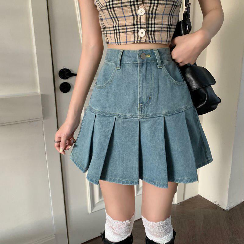 Y2K Aesthetic Pleated Denim Mini Skirt for Trendy Summer Outfits and Cute Looks