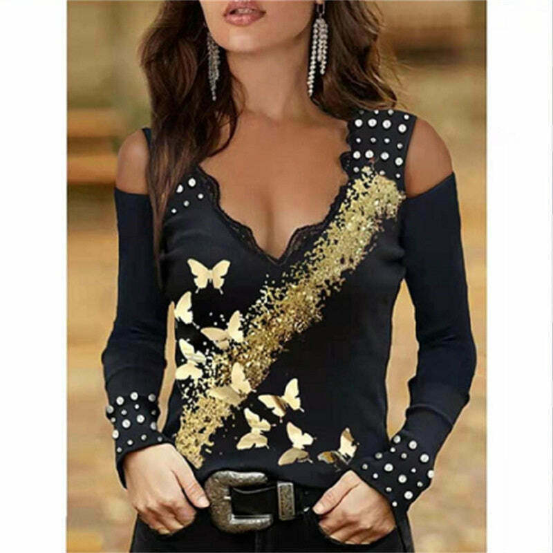 Y2K Aesthetic Sexy V Neck Lace Off Shoulder Butterfly Print Top for Trendy Looks