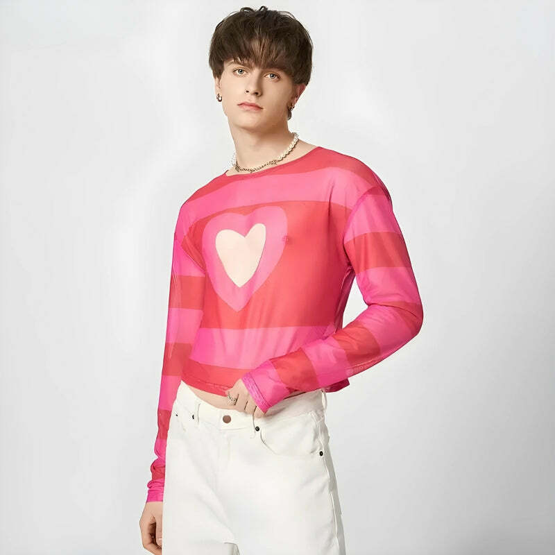 Y2K Aesthetic Soft Boy Heart Cut-Out Crop Top for Trendy Summer Outfits