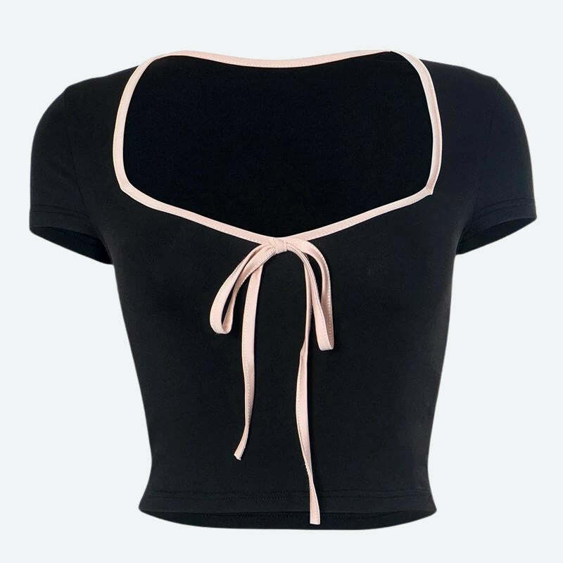 Y2K Aesthetic Soft Girl Bow Sweetheart Neckline Top for Trendy Summer Outfits