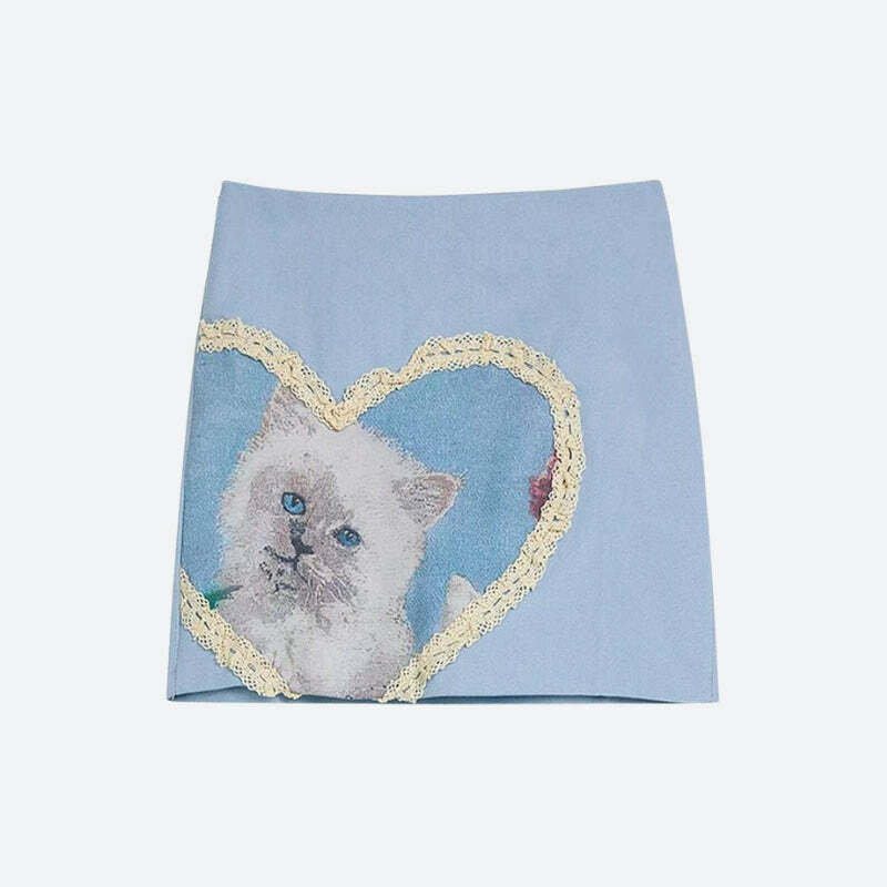 Y2K Aesthetic Soft Girl Cat Heart Mini Skirt - Cute Summer Outfit for Trendy Fashionistas