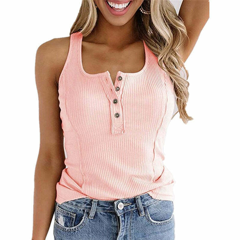 Y2K Aesthetic Solid Color Button-Up Sleeveless Tank Top - Cute & Comfy Summer Style