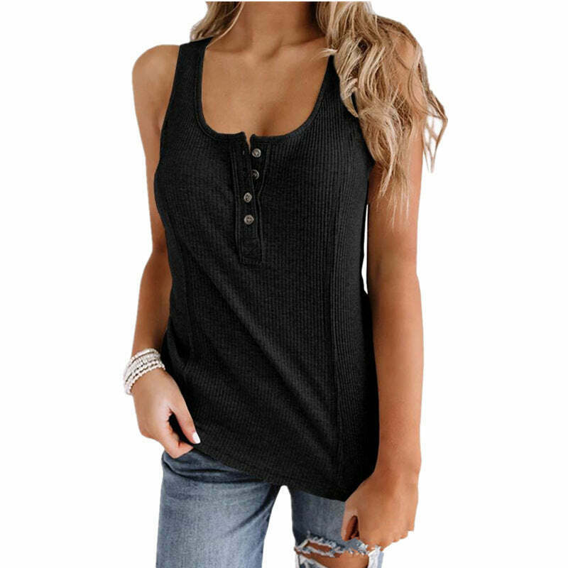 Y2K Aesthetic Solid Color Button-Up Sleeveless Tank Top - Cute & Comfy Summer Style