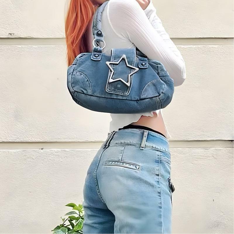 Y2K Aesthetic Star Denim Bag - Trendy 2000s Fashion Accessory for Stylish Outfits