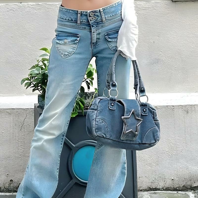 Y2K Aesthetic Star Denim Bag - Trendy 2000s Fashion Accessory for Stylish Outfits