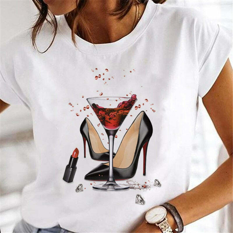 Y2K Aesthetic Sweet Wine Print Tee - Cute 90s Cartoon Graphic Top for Trendy Outfits