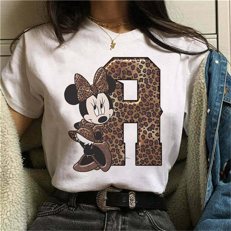 Y2K Aesthetic White Tee with Minnie Mouse Font - Cute Short Sleeve Top for Trendy Looks