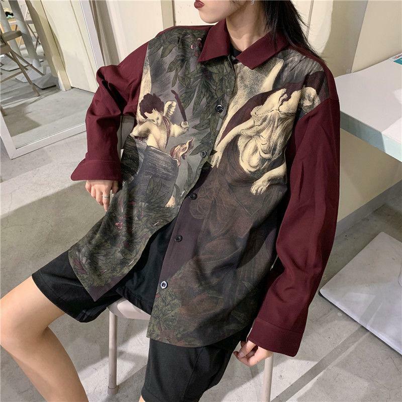 Y2K Angel Print Long Sleeve Shirt - Trendy Grunge Aesthetic Top for Summer Outfits