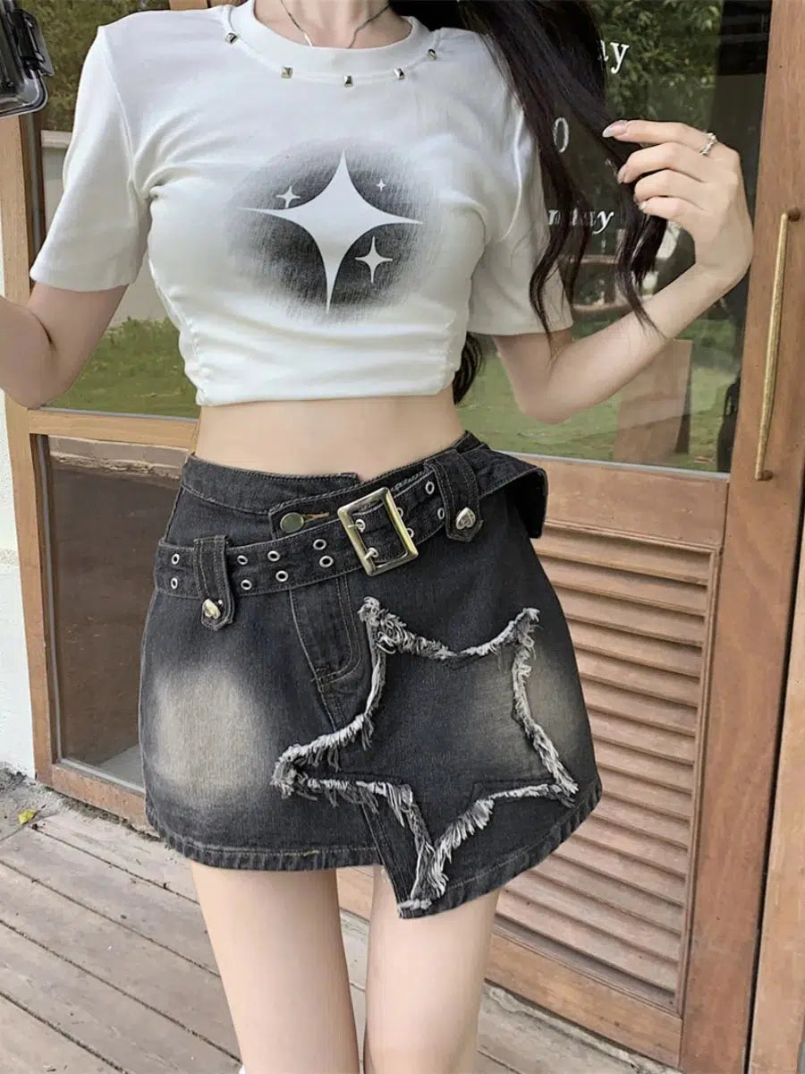 Y2K Asymmetric Denim Mini Skirt - Trendy 2000s Fashion for Effortless Summer Style