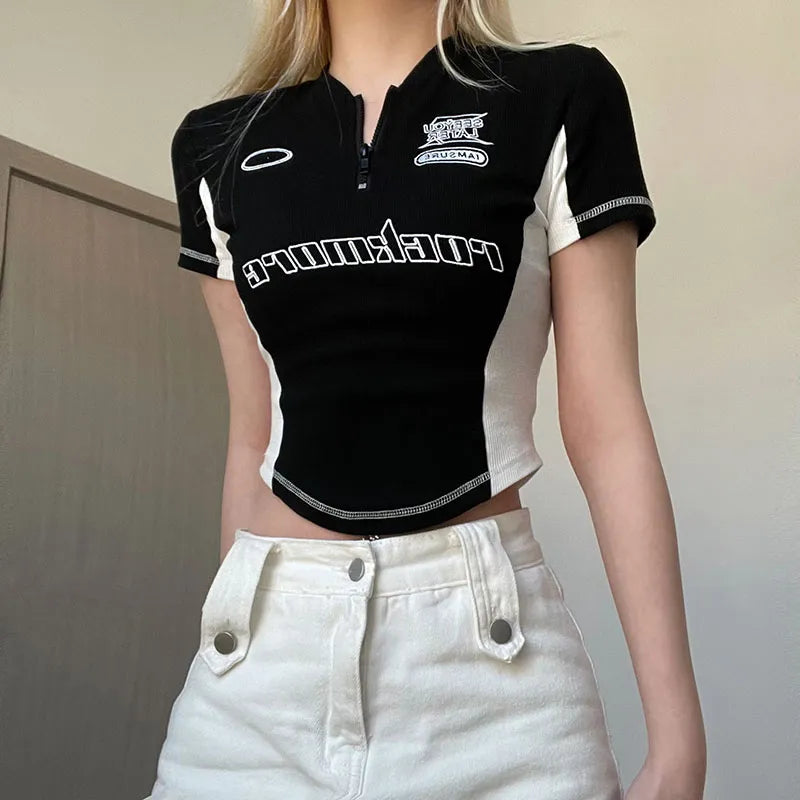 Y2K Biker Half Zip-Up Crop Top: Trendy Grunge Style for Effortless Summer Outfits