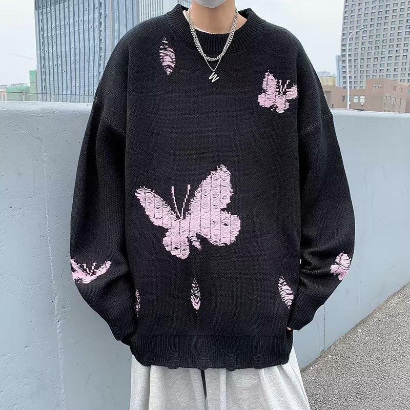 Y2K Butterfly Distressed Knit Sweater - Trendy Grunge Style for Effortless Summer Vibes