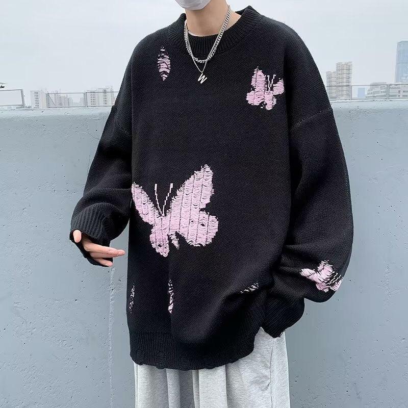 Y2K Butterfly Distressed Knit Sweater - Trendy Grunge Style for Effortless Summer Vibes