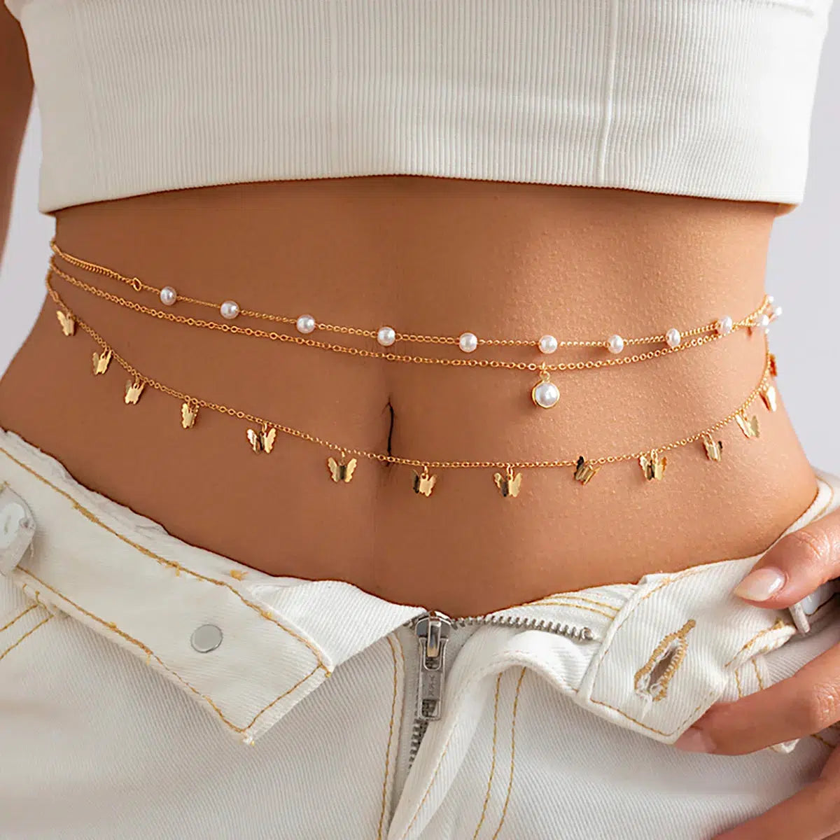 Y2K Butterfly Layered Beaded Belly Chain for Summer Outfits and Aesthetic Looks