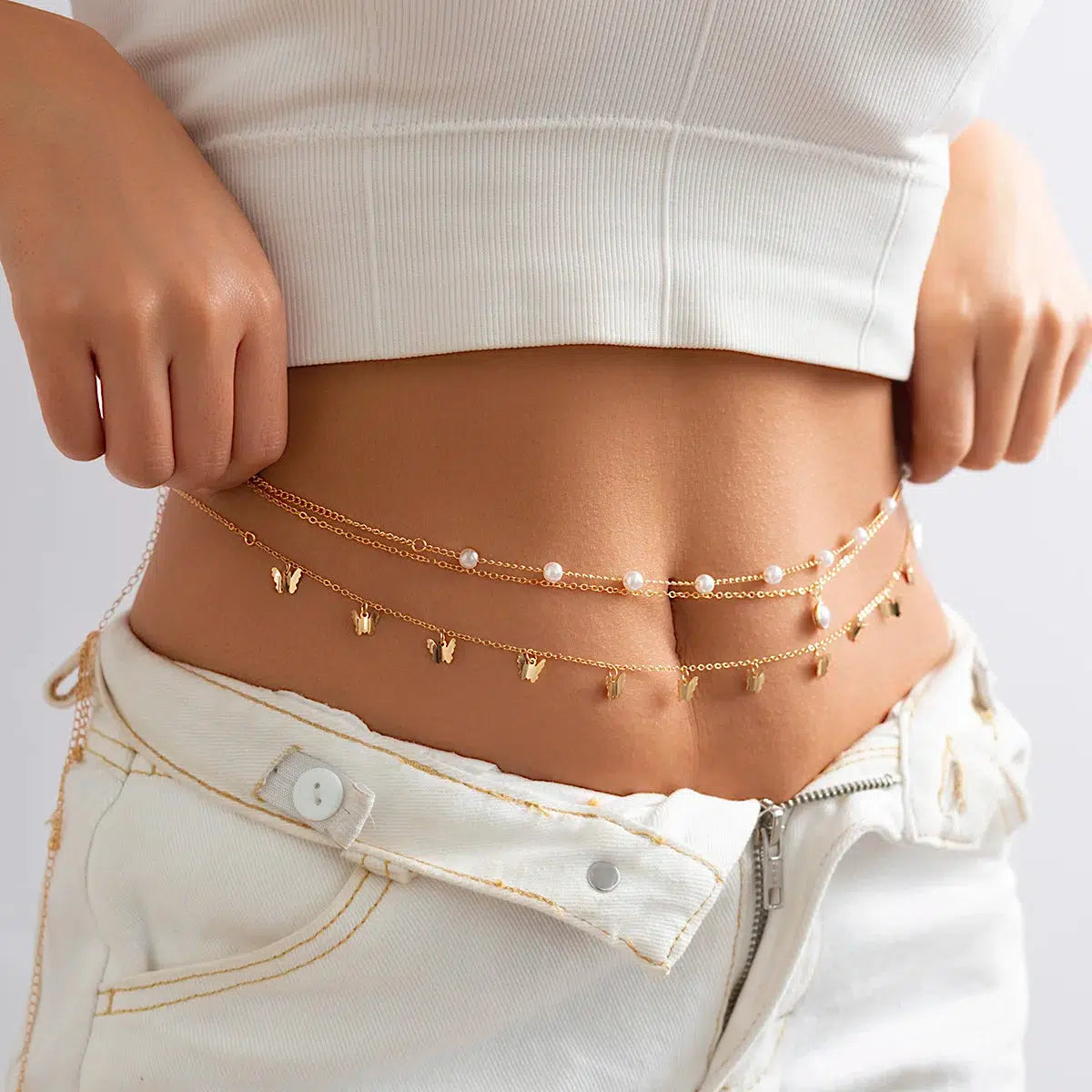 Y2K Butterfly Layered Beaded Belly Chain for Summer Outfits and Aesthetic Looks