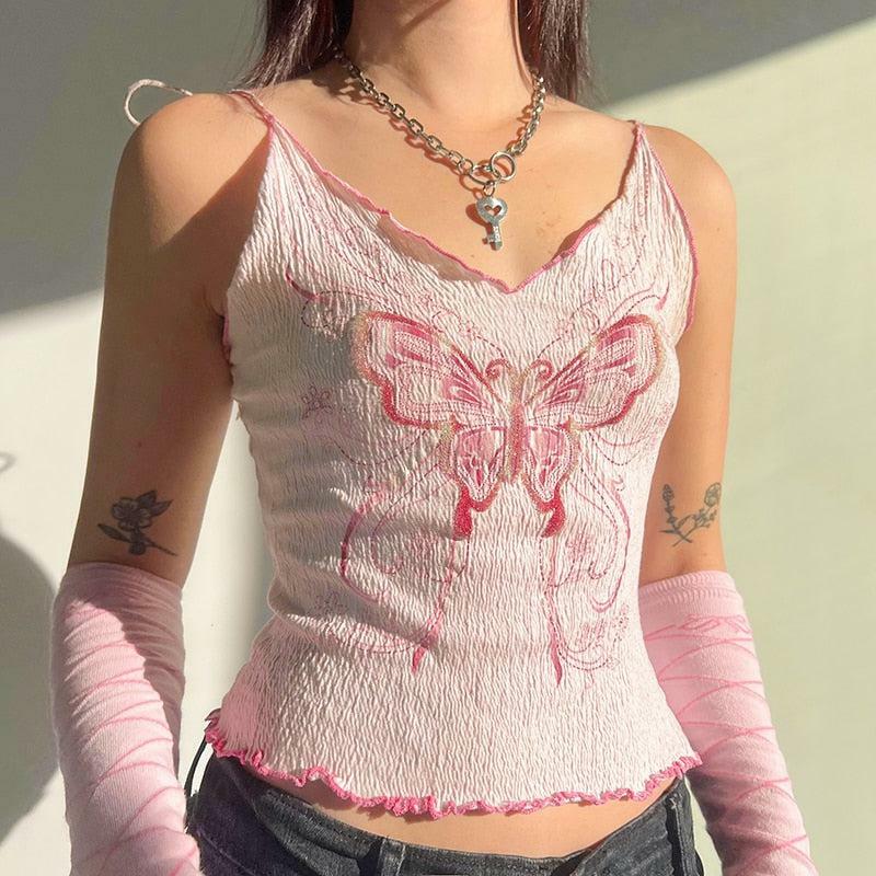 Y2K Butterfly Pink Crop Top - Trendy Summer Essential for Y2K Fashion Lovers