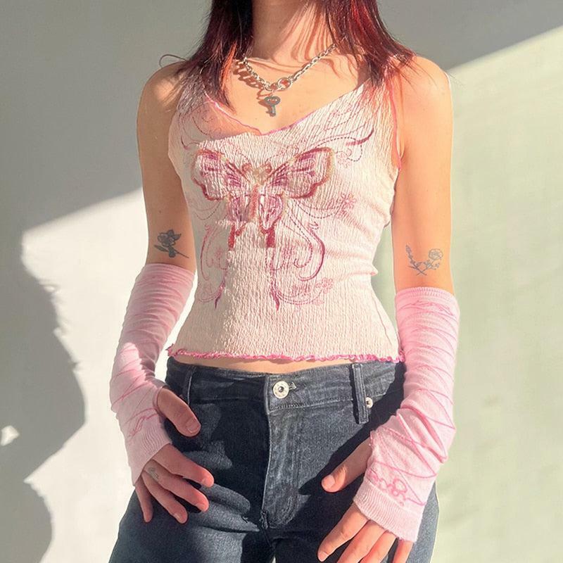 Y2K Butterfly Pink Crop Top - Trendy Summer Essential for Y2K Fashion Lovers