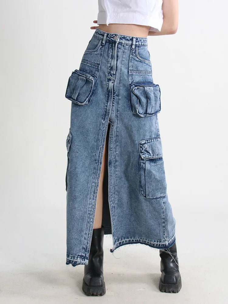 Y2K Cargo Split Denim Midi Skirt - Trendy Summer Fashion for Effortless Style