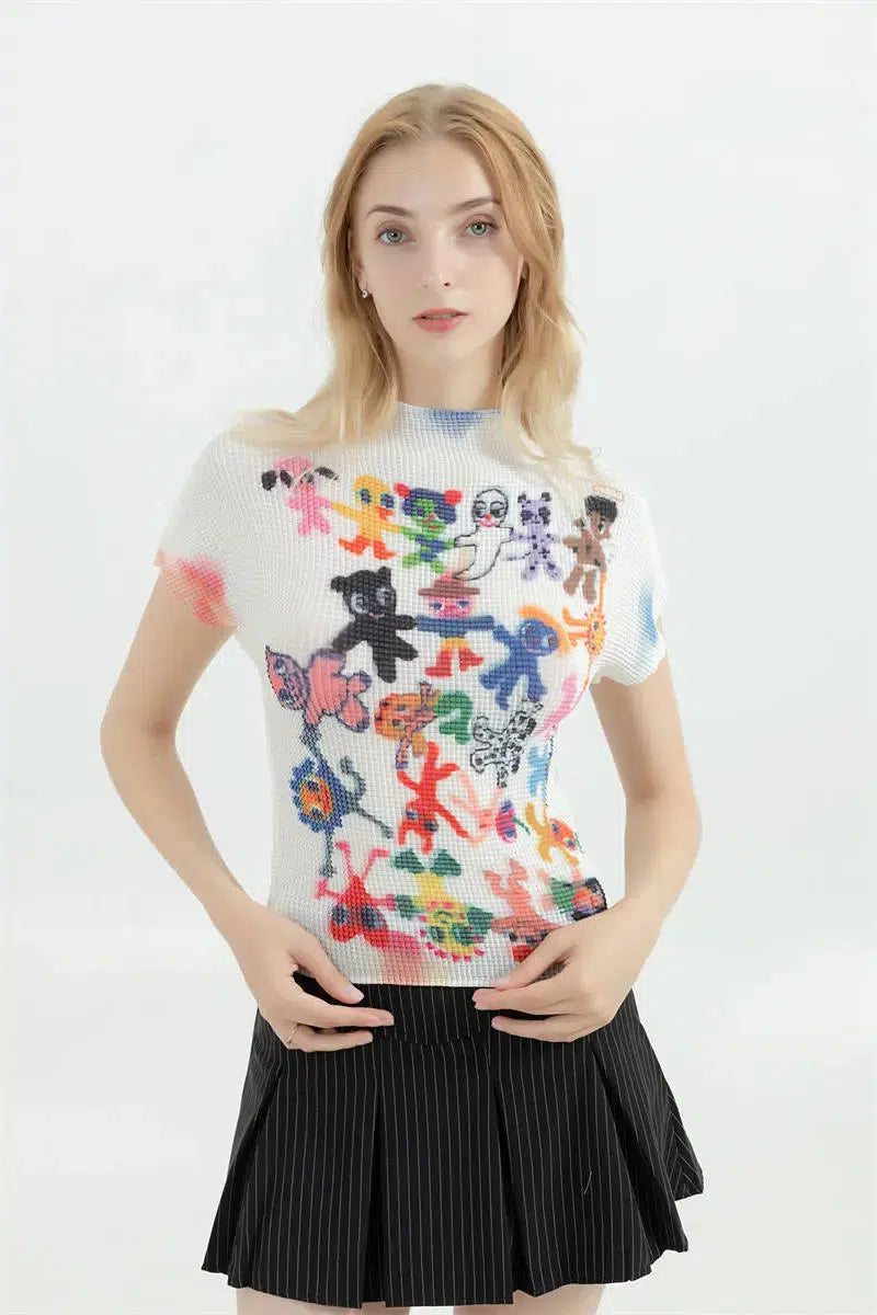 Y2K Cartoon Figures Graphic Tee - Trendy Summer Outfit for a Fun, Playful Look