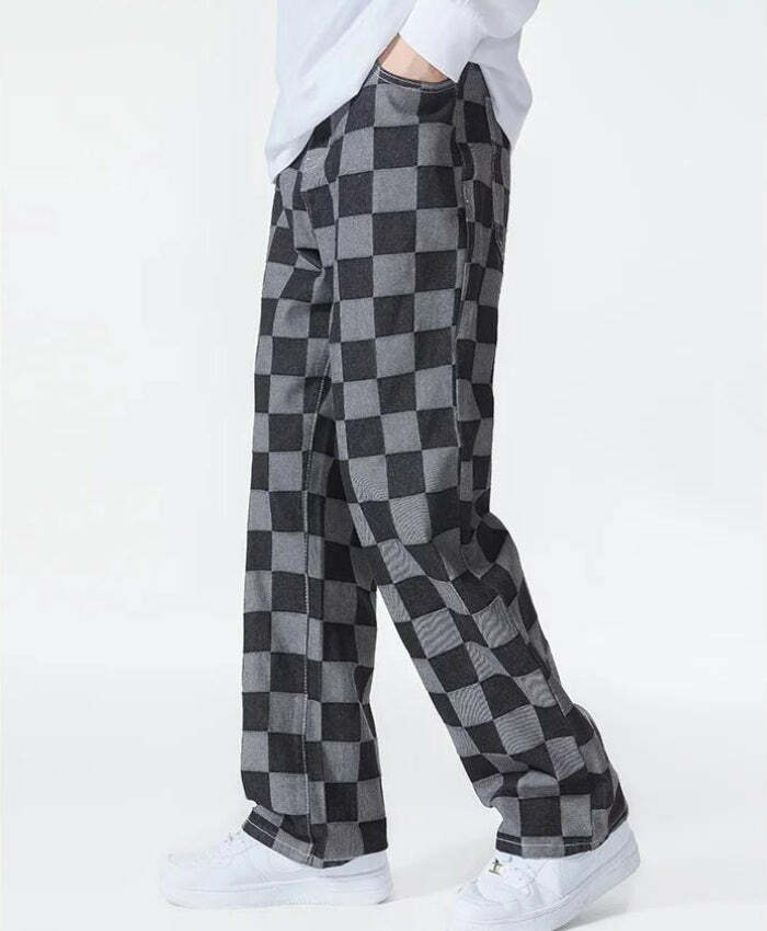 Y2K Checkered Black Cargo Pants for Trendy Grunge and 90s-Inspired Summer Outfits