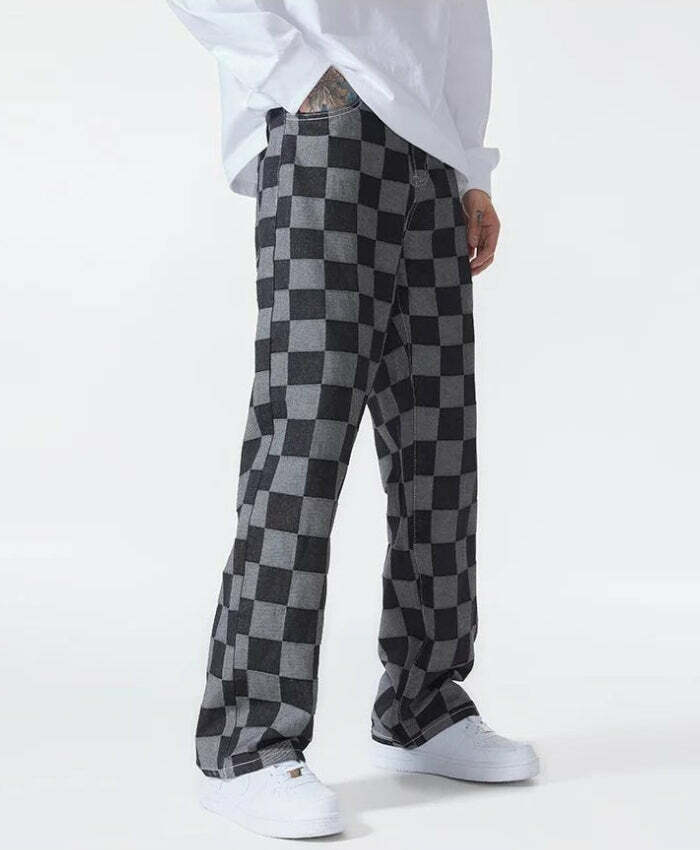 Y2K Checkered Black Cargo Pants for Trendy Grunge and 90s-Inspired Summer Outfits