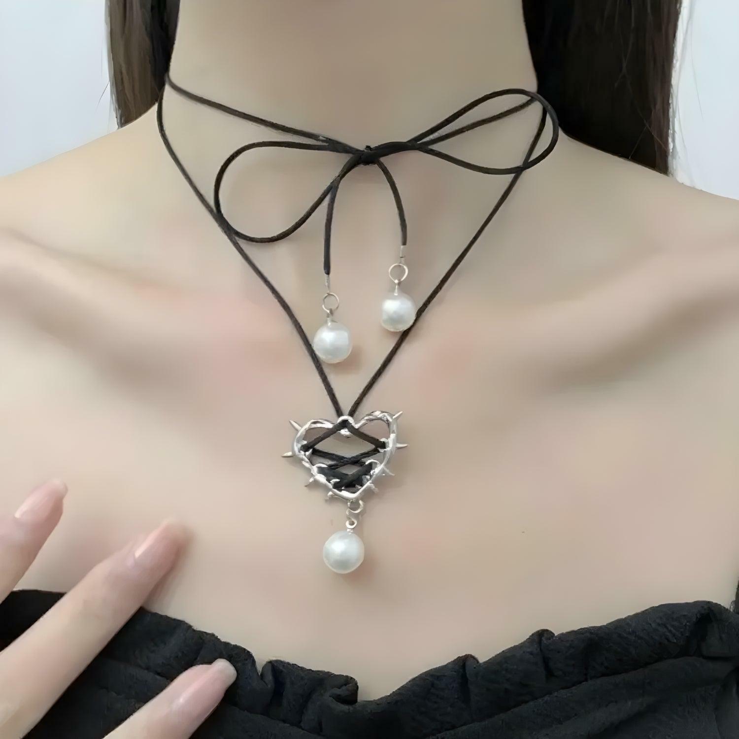 Y2K Coquette Bow Tie Necklace with Barbed Heart Charm - Trendy Aesthetic Jewelry Piece