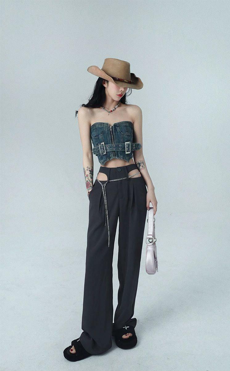 Y2K Cowgirl Denim Tube Top: Trendy Crop Top for Summer Outfits and Festival Vibes