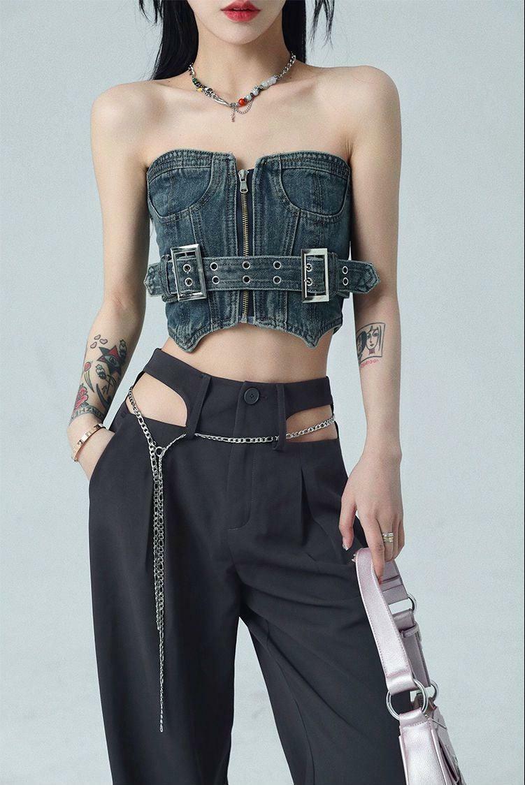 Y2K Cowgirl Denim Tube Top: Trendy Crop Top for Summer Outfits and Festival Vibes