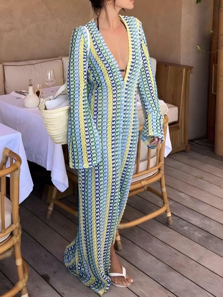 Y2K Crochet Striped Plunge Neck Maxi Dress - Trendy Summer Dress for Effortless Style