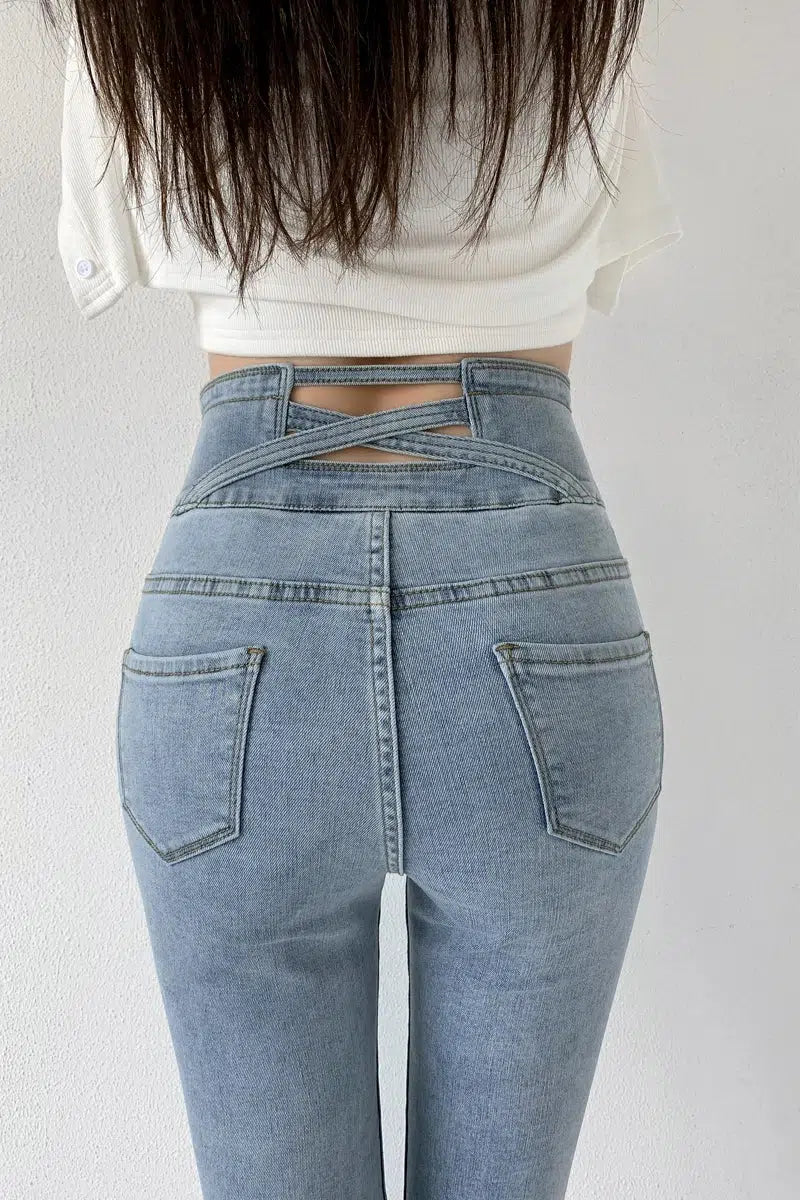 Y2K Cut Out Cross Waistband Skinny Jeans - Trendy Grunge Style for Effortless Summer Looks