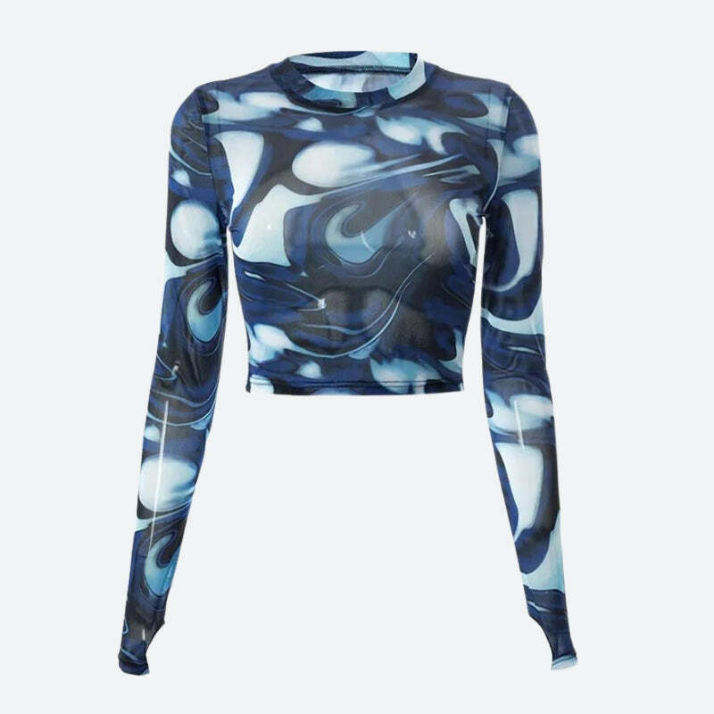 Y2K Cyberpunk Blue Aura Sheer Top - Trendy Grunge Aesthetic for Summer Outfits