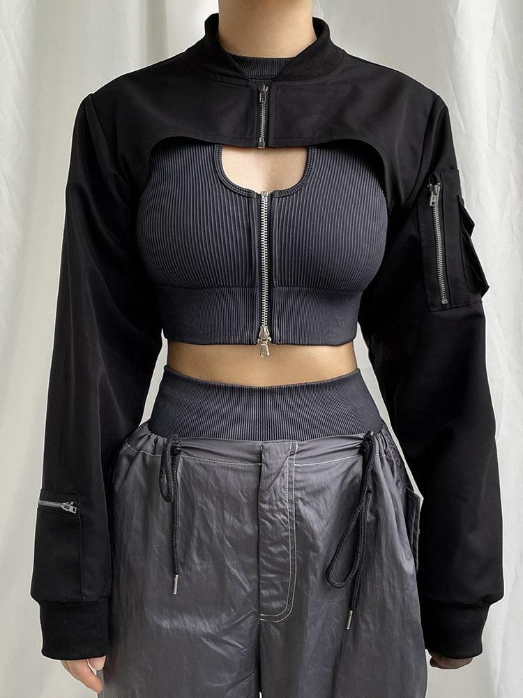 Y2K Cyberpunk Bolero Jacket: Edgy Layering Piece for Grunge and 2000s Fashion Lovers