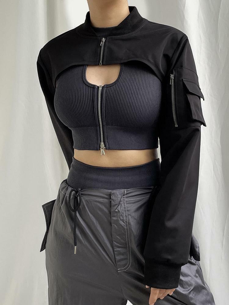 Y2K Cyberpunk Bolero Jacket: Edgy Layering Piece for Grunge and 2000s Fashion Lovers