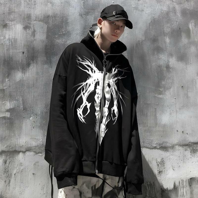 Y2K Cyberpunk Ghost Full Zip-Up Hoodie - Trendy Grunge Style for Aesthetic Outfits