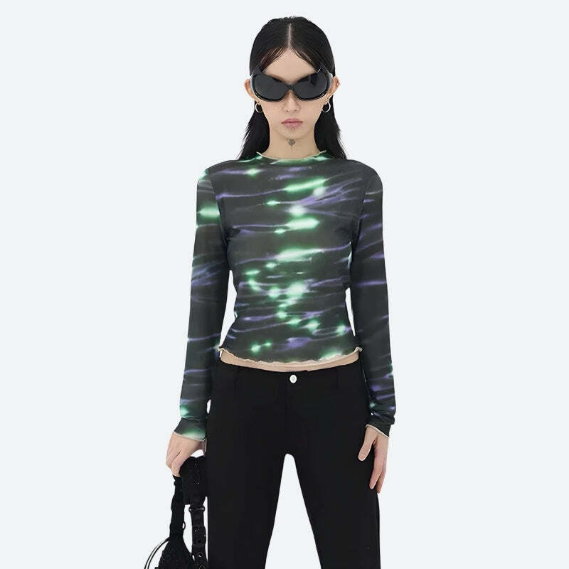 Y2K Cyberpunk Green Lights Mesh Top - Trendy Grunge Aesthetic for Bold Summer Outfits