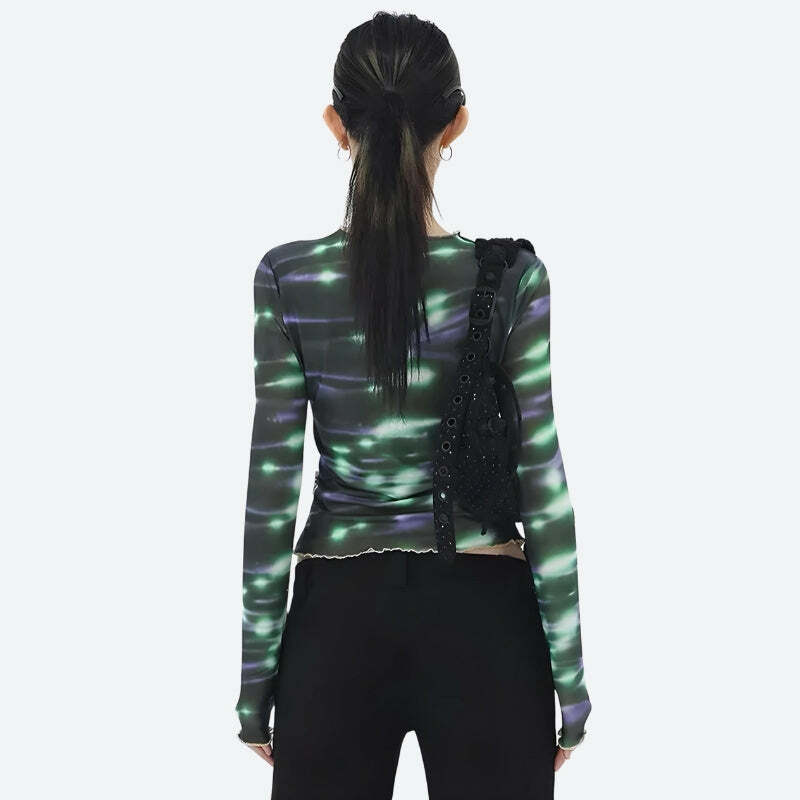 Y2K Cyberpunk Green Lights Mesh Top - Trendy Grunge Aesthetic for Bold Summer Outfits