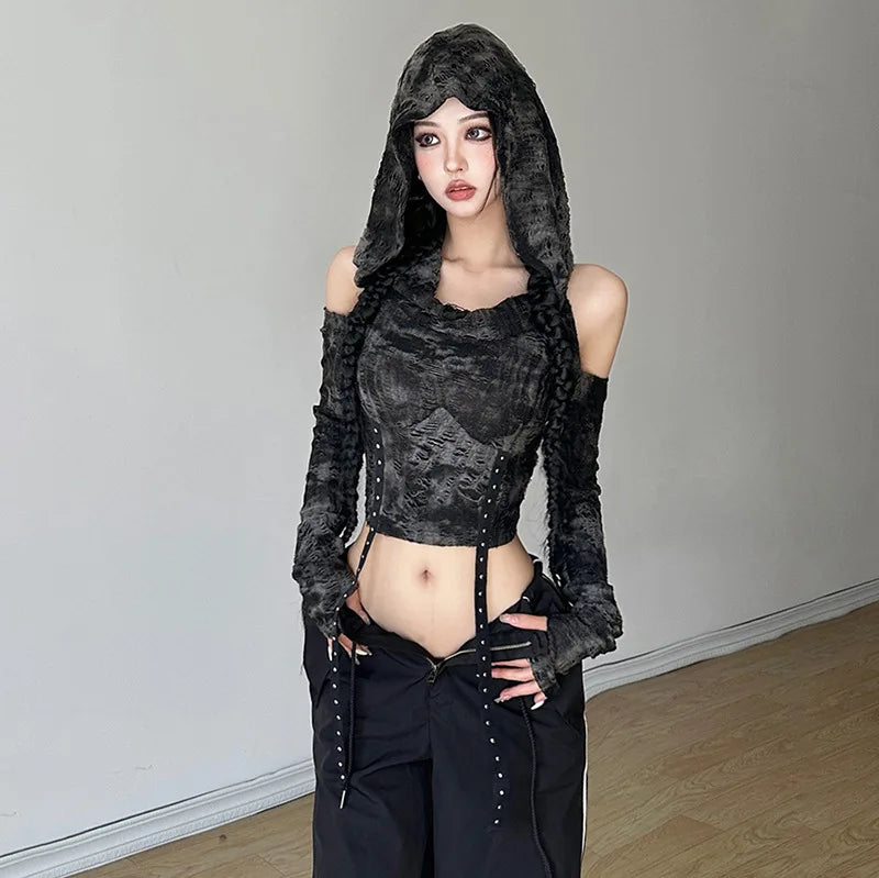 Y2K Cyberpunk Off-Shoulder Hooded Top for Trendy Summer Outfits and Aesthetic Looks