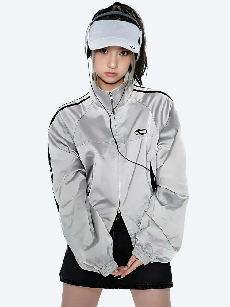 Y2K Cyberpunk Reflective Double Zip-Up Jacket for Trendy Grunge and Aesthetic Outfits