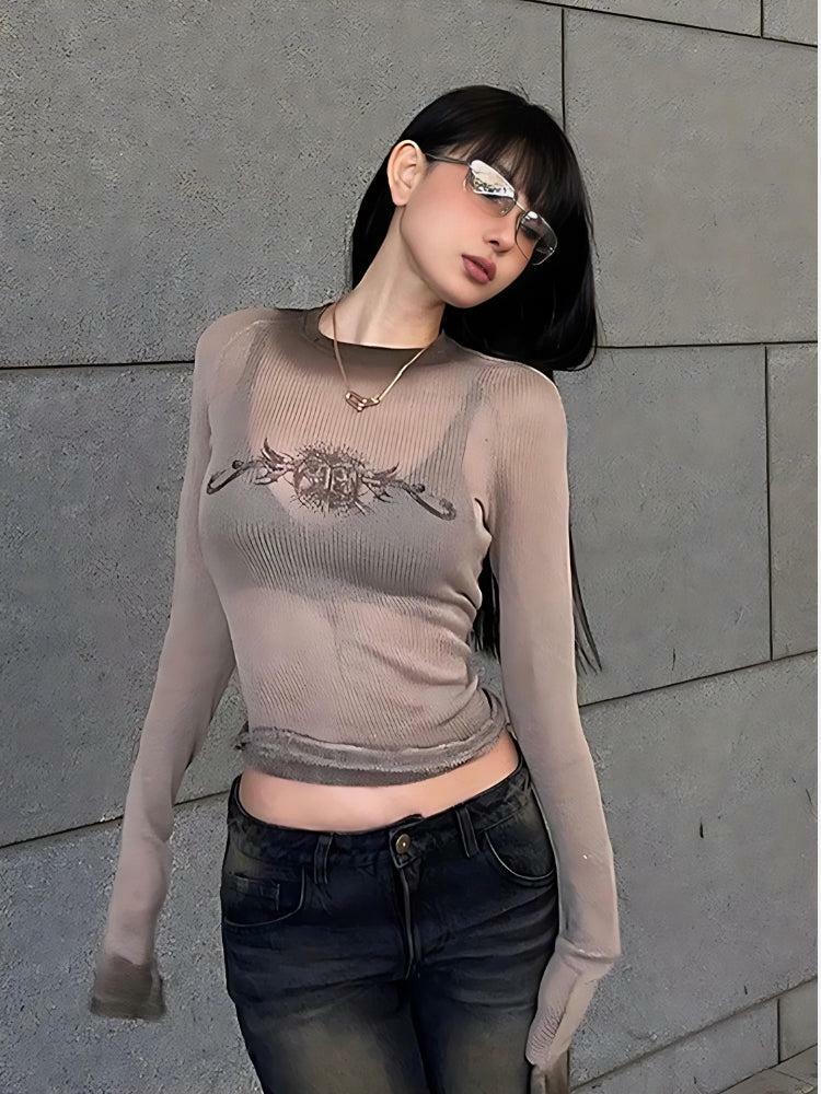 Y2K Cyberpunk Sheer Top with Sigil Design - Trendy Grunge Aesthetic for Bold Outfits