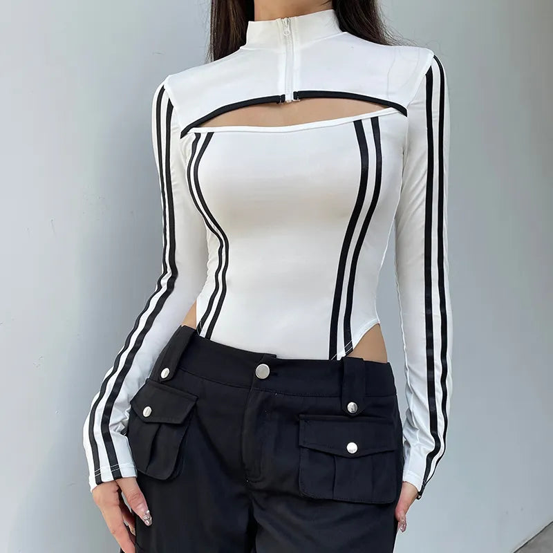 Y2K Cyberpunk Striped Cut-Out Bodysuit for Trendy Summer Outfits and Aesthetic Looks