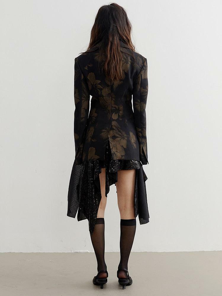 Y2K Dark Floral Asymmetric Blazer for Trendy Grunge and 90s-Inspired Outfits