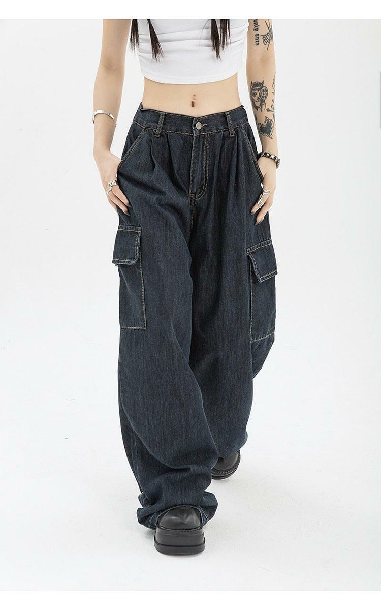 Y2K Dark Wash Cargo Jeans: Trendy Grunge Style for Effortless Summer Outfits