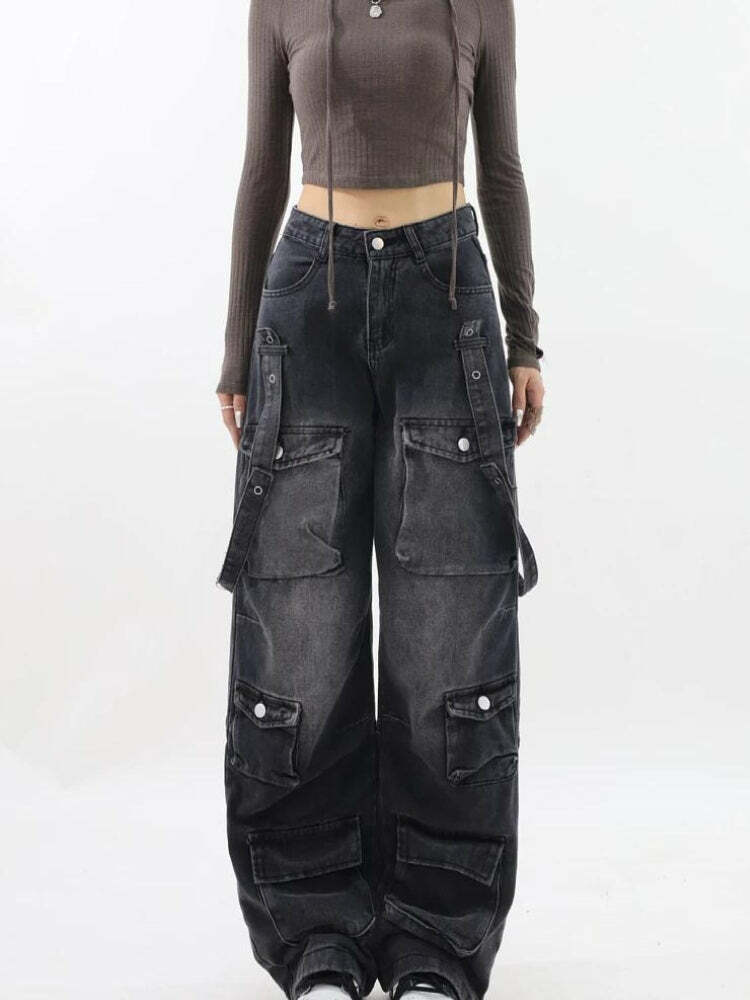 Y2K Dark Wash Cargo Jeans with Belt - Trendy Grunge Style for Effortless Summer Outfits