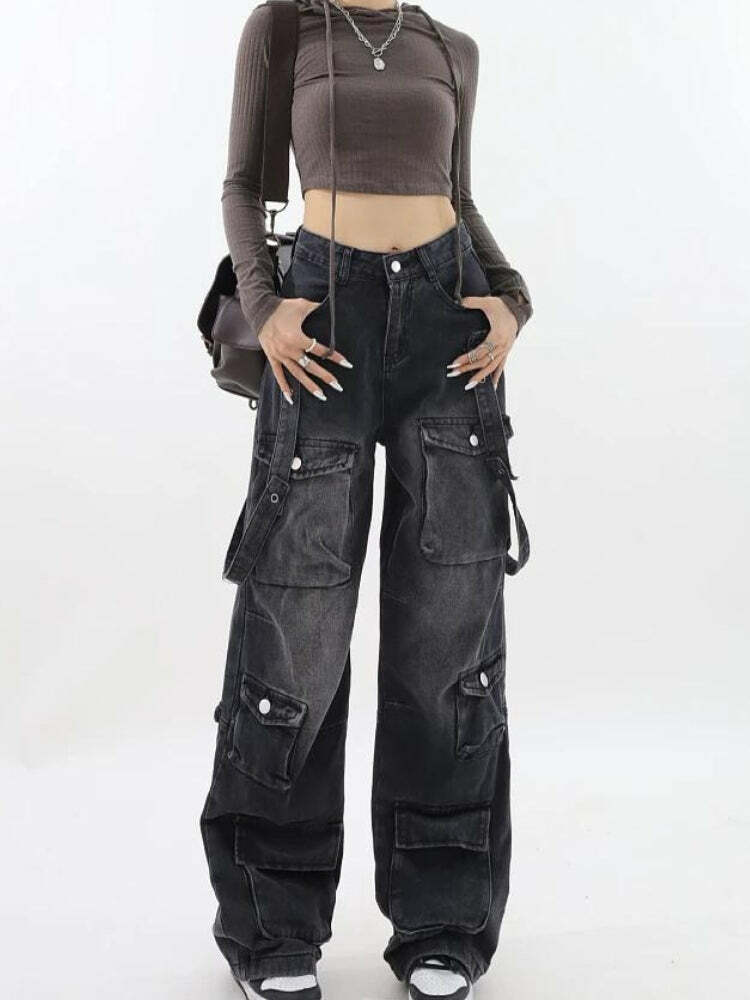 Y2K Dark Wash Cargo Jeans with Belt - Trendy Grunge Style for Effortless Summer Outfits