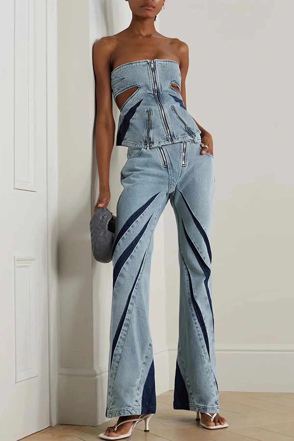 Y2K Denim Cut-Out Tube Top & Patchwork Jeans Set - Trendy Summer Outfit for a Chic Look