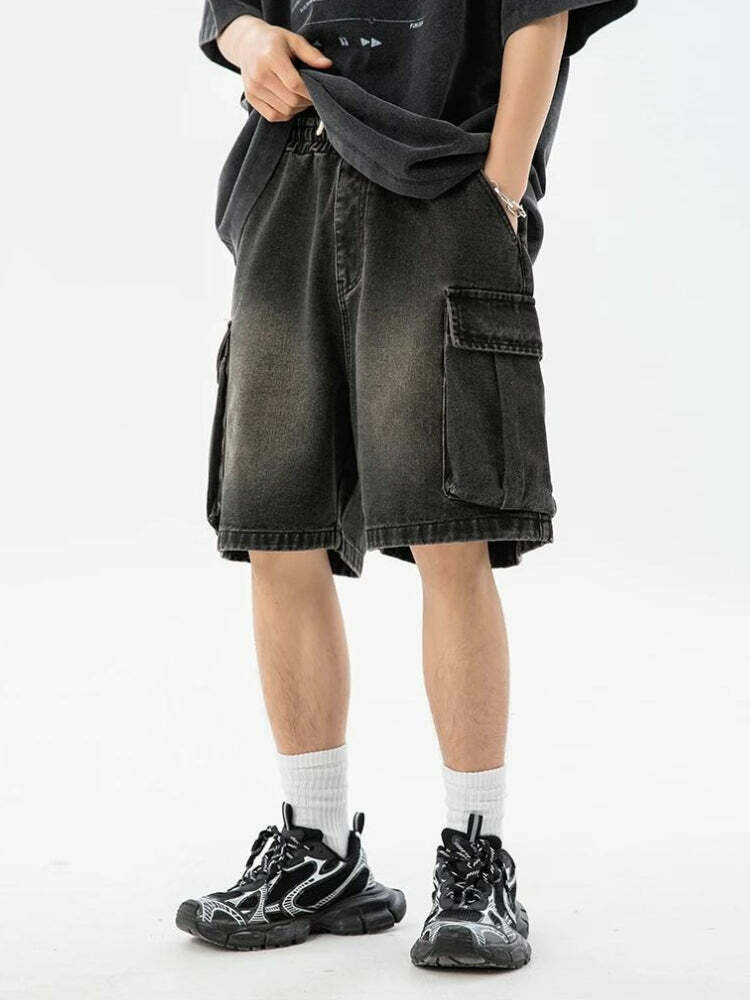 Y2K Denim Drawstring Wide Leg Cargo Shorts for Trendy Summer Outfits and Aesthetic Vibes