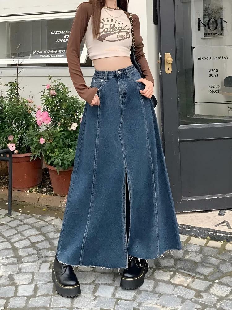 Y2K Denim Slit Frayed Hem Maxi Skirt - Trendy Summer Outfit for a Chic Grunge Aesthetic